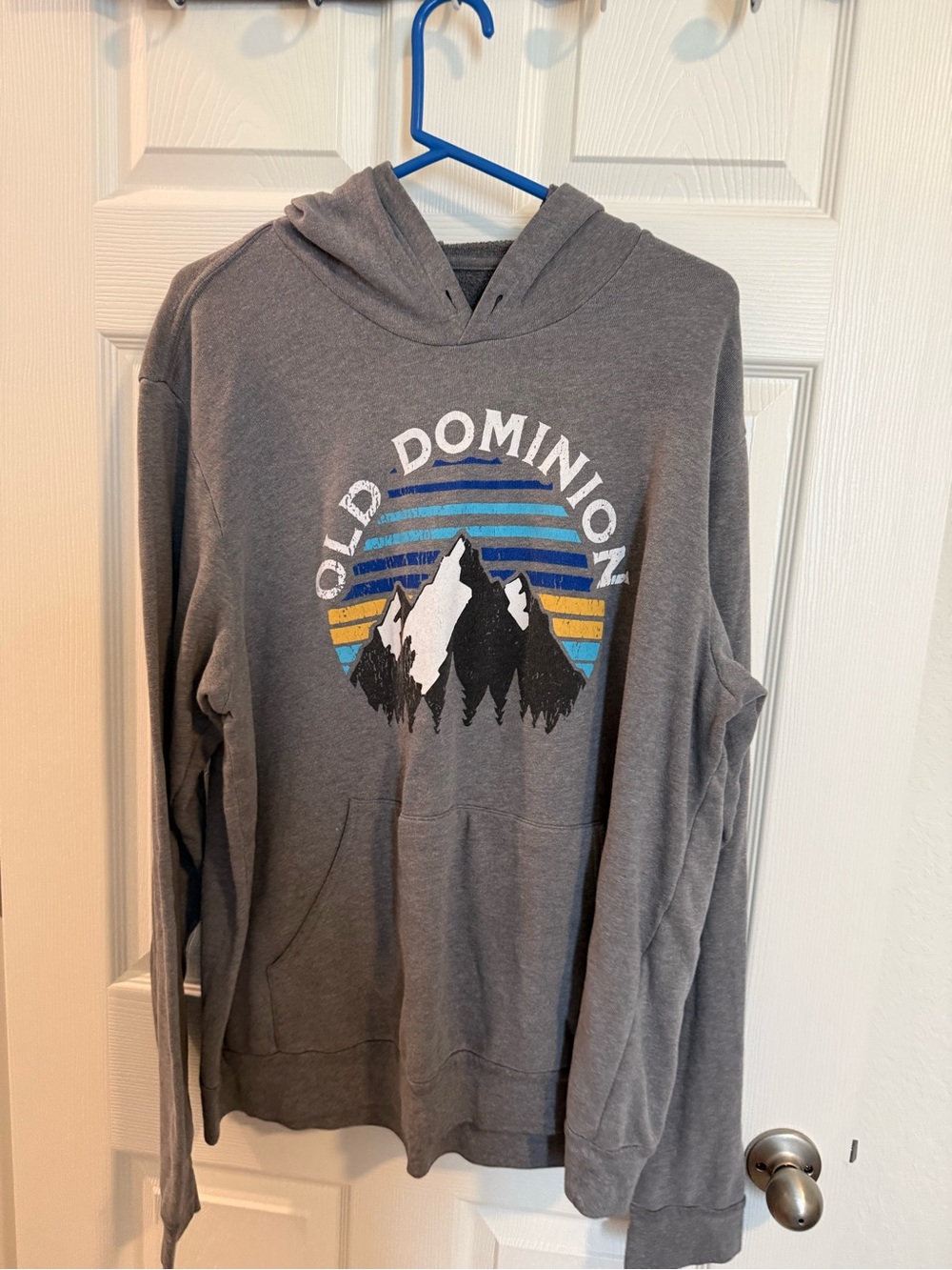 Bella Canvas Gray Hoodie with Mountain Graphic and Retro Stripes